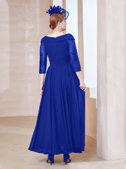 Robe en Dentelle et Mousseline Longueur au Sol à Col en V Bleu Royale Grande Taille