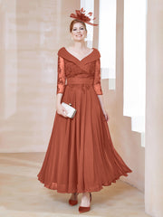 Robe en Dentelle et Mousseline Longueur au Sol à Col en V Rouille Grande Taille