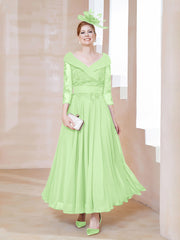 Robe en Dentelle et Mousseline Longueur au Sol à Col en V Sauge Grande Taille