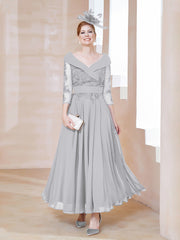Robe en Dentelle et Mousseline Longueur au Sol à Col en V Argent Grande Taille
