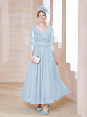 Robe en Dentelle et Mousseline Longueur au Sol à Col en V Bleu Ciel