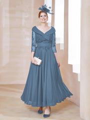 Robe en Dentelle et Mousseline Longueur au Sol à Col en V Bleu de Schiste