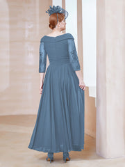 Robe en Dentelle et Mousseline Longueur au Sol à Col en V Bleu de Schiste Grande Taille