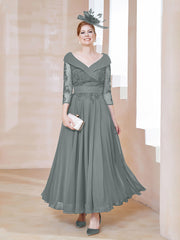 Robe en Dentelle et Mousseline Longueur au Sol à Col en V Gris Acier