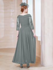 Robe en Dentelle et Mousseline Longueur au Sol à Col en V Gris Acier Grande Taille