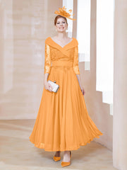 Robe en Dentelle et Mousseline Longueur au Sol à Col en V Mandarine Grande Taille