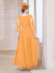 Robe en Dentelle et Mousseline Longueur au Sol à Col en V Mandarine Grande Taille