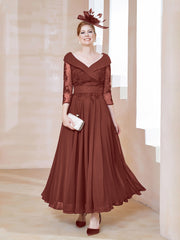 Robe en Dentelle et Mousseline Longueur au Sol à Col en V Terracotta Grande Taille