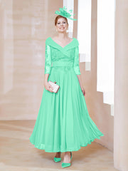 Robe en Dentelle et Mousseline Longueur au Sol à Col en V Turquoise Grande Taille