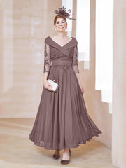 Robe en Dentelle et Mousseline Longueur au Sol à Col en V Vintage Mauve Grande Taille