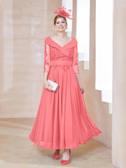 Robe en Dentelle et Mousseline Longueur au Sol à Col en V Pastèque Grande Taille