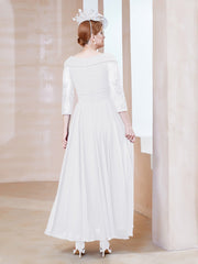 Robe en Dentelle et Mousseline Longueur au Sol à Col en V Blanc