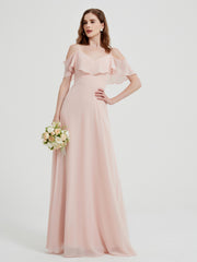 Spaghetti Bretelles Col En V Mousseline Robes Longues Rose Perle