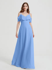 Spaghetti Bretelles Col En V Mousseline Robes Longues Bleu