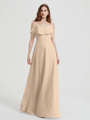 Spaghetti Bretelles Col En V Mousseline Robes Longues Champagne
