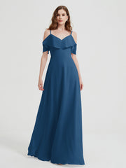 Spaghetti Bretelles Col En V Mousseline Robes Longues Bleu Encre