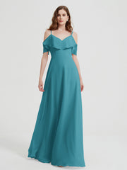 Spaghetti Bretelles Col En V Mousseline Robes Longues Jade