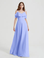 Spaghetti Bretelles Col En V Mousseline Robes Longues Lavande