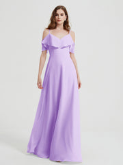 Spaghetti Bretelles Col En V Mousseline Robes Longues Lilas