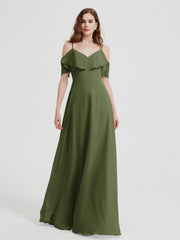 Spaghetti Bretelles Col En V Mousseline Robes Longues Olive Verte Grande Taille