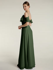 Spaghetti Bretelles Col En V Mousseline Robes Longues Olive Verte