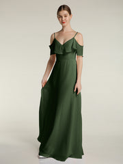 Spaghetti Bretelles Col En V Mousseline Robes Longues Olive Verte