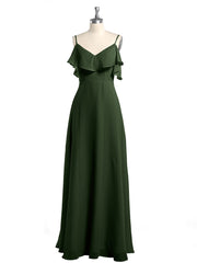 Spaghetti Bretelles Col En V Mousseline Robes Longues Olive Verte