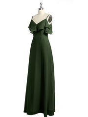 Spaghetti Bretelles Col En V Mousseline Robes Longues Olive Verte