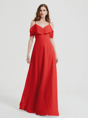 Spaghetti Bretelles Col En V Mousseline Robes Longues Rouge