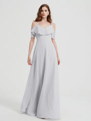 Spaghetti Bretelles Col En V Mousseline Robes Longues Argent