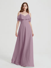 Spaghetti Bretelles Col En V Mousseline Robes Longues Vintage Mauve