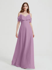 Spaghetti Bretelles Col En V Mousseline Robes Longues Glycine