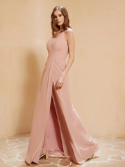 Robe Longue à Bretelles Spaghetti avec Fente Rose Poudré Grande Taille