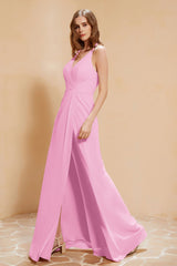 Robe Longue à Bretelles Spaghetti avec Fente Rose Bonbon