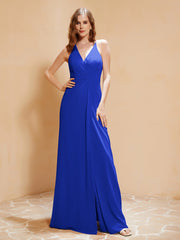 Robe Longue à Bretelles Spaghetti avec Fente Bleu Royale Grande Taille