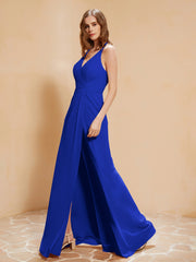 Robe Longue à Bretelles Spaghetti avec Fente Bleu Royale Grande Taille