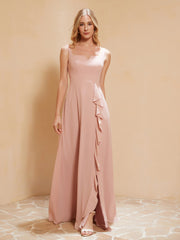 Robe de Demoiselle d'Honneur Sans Manches avec Volants Rose Poudré Grande Taille