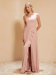 Robe de Demoiselle d'Honneur Sans Manches avec Volants Rose Poudré Grande Taille