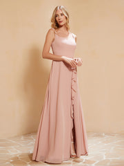 Robe de Demoiselle d'Honneur Sans Manches avec Volants Rose Poudré