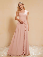 Robe de Demoiselle d'Honneur Sans Manches avec Volants Rose Poudré