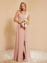 Robe de Demoiselle d'Honneur Sans Manches avec Volants Rose Poudré Grande Taille