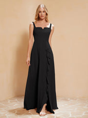 Robe de Demoiselle d'Honneur Sans Manches avec Volants Noir Grande Taille