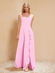 Robe de Demoiselle d'Honneur Sans Manches avec Volants Rose Bonbon Grande Taille