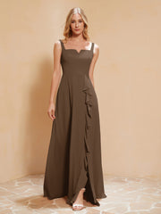Robe de Demoiselle d'Honneur Sans Manches avec Volants Chocolat