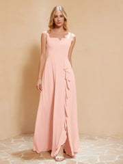 Robe de Demoiselle d'Honneur Sans Manches avec Volants Corail