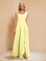 Robe de Demoiselle d'Honneur Sans Manches avec Volants Jonquille