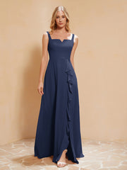 Robe de Demoiselle d'Honneur Sans Manches avec Volants Bleu Marine
