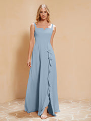 Robe de Demoiselle d'Honneur Sans Manches avec Volants Bleu Poudré Grande Taille