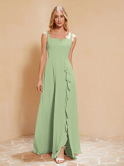 Robe de Demoiselle d'Honneur Sans Manches avec Volants Sauge Poudrée Grande Taille