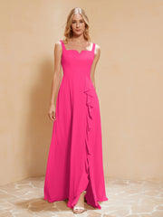 Robe de Demoiselle d'Honneur Sans Manches avec Volants Fuchsia